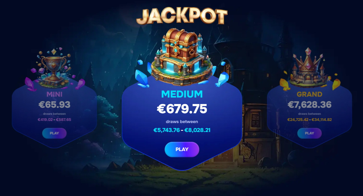 Jackpot counters in Wizardo showing €658 €679k grand €7k.