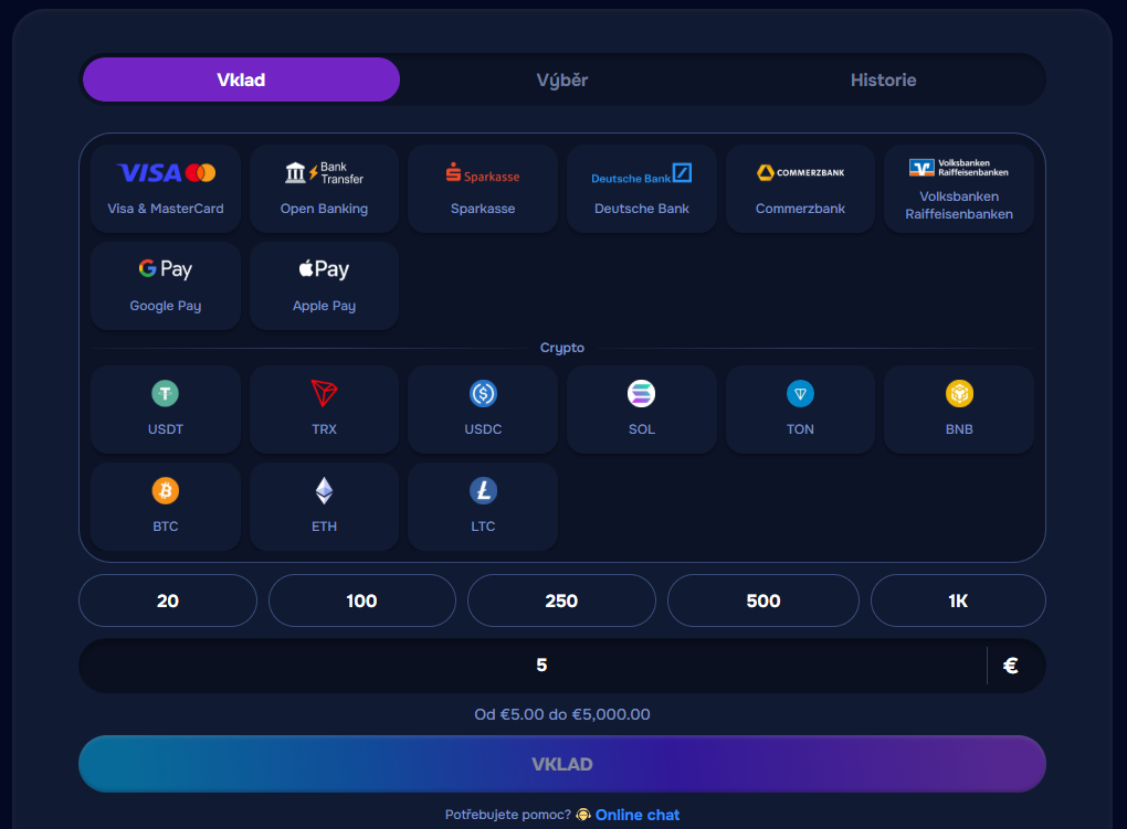 Možnosti vkladů kasino €20 €100 předvolby od €5-5000 Wizardo.