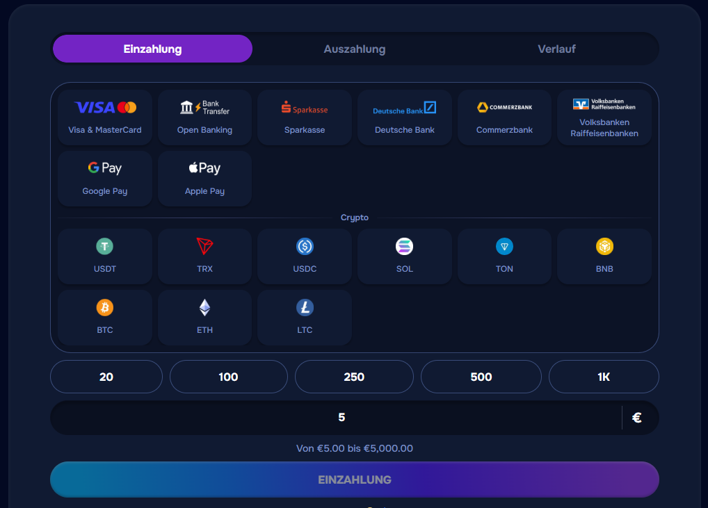 Einzahlungsseite Wizardo VISA MasterCard Wise ING Crypto USDT.