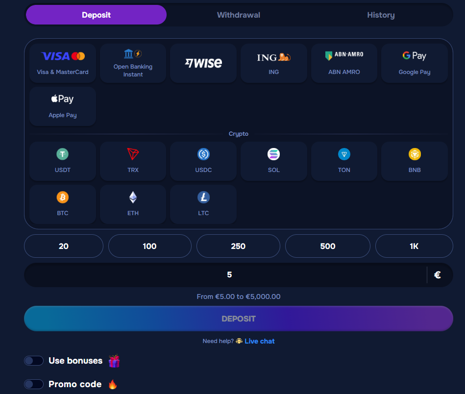 Deposit page Wizardo VISA MasterCard Wise ING crypto USDT