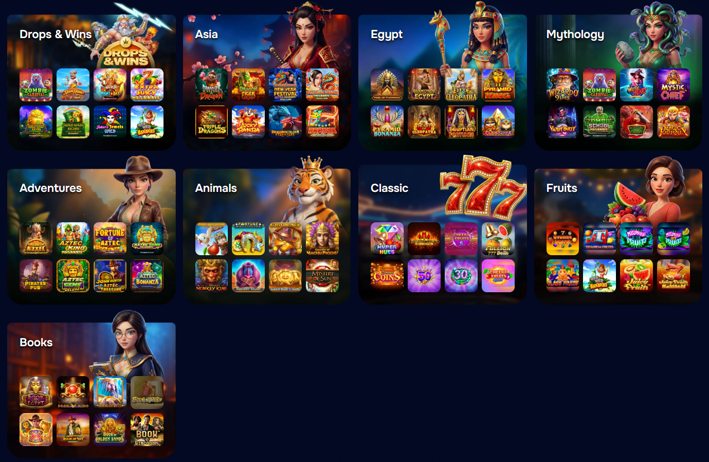 Casino slots homepage categories adventures animals classic fruits.