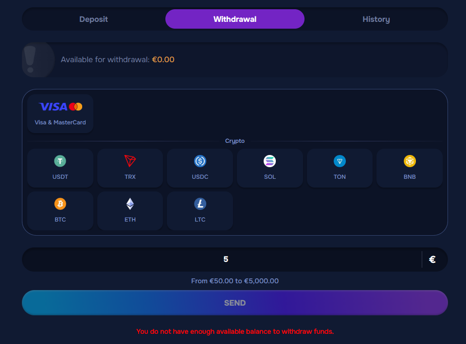 Withdrawal page Wizardo purple tab history deposit crypto.